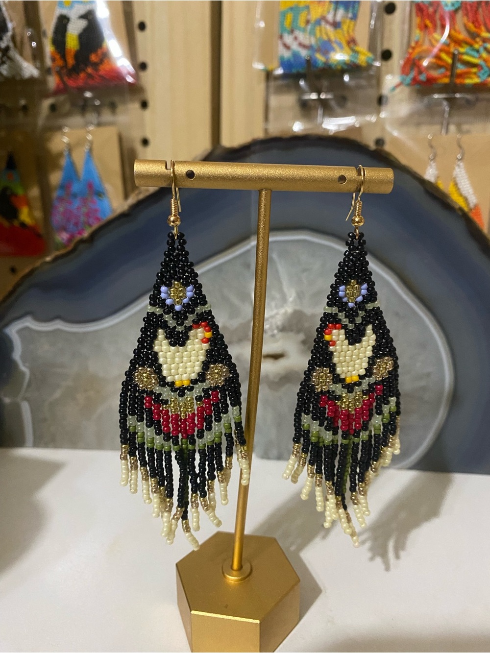 Black Beaded Floral Fringe Earrings with Cream & Red Accents